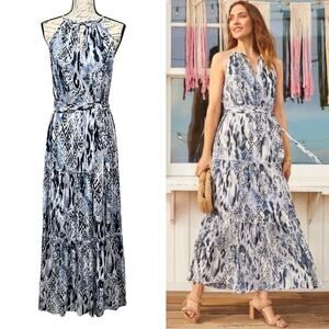 Roan & Ryan NAOMI TIERED HALTER DRESS Size M Blue White Maxi Belted EVEREVE